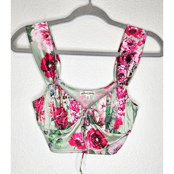 For Love & Lemons Womens Robin Crop Top XS Green Pink Floral Satin Pleated Boho - Picture 1 of 12